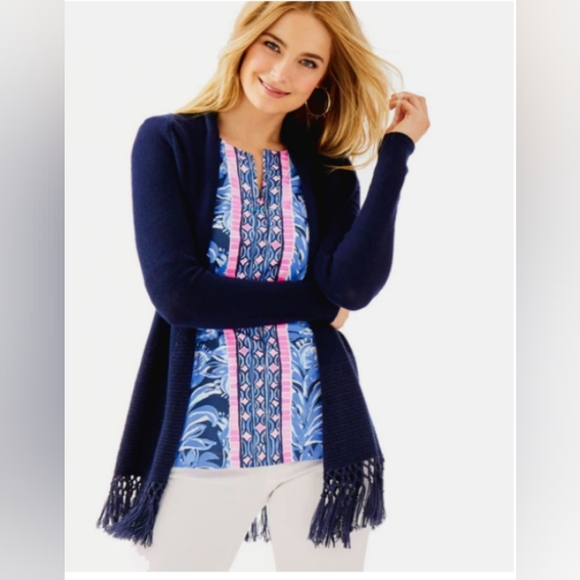 ❌❌SOLD ❌ ❌ Lilly Pulitzer Tatum Fringe Hem Navy Blue Open Cardigan | S - Picture 2 of 9